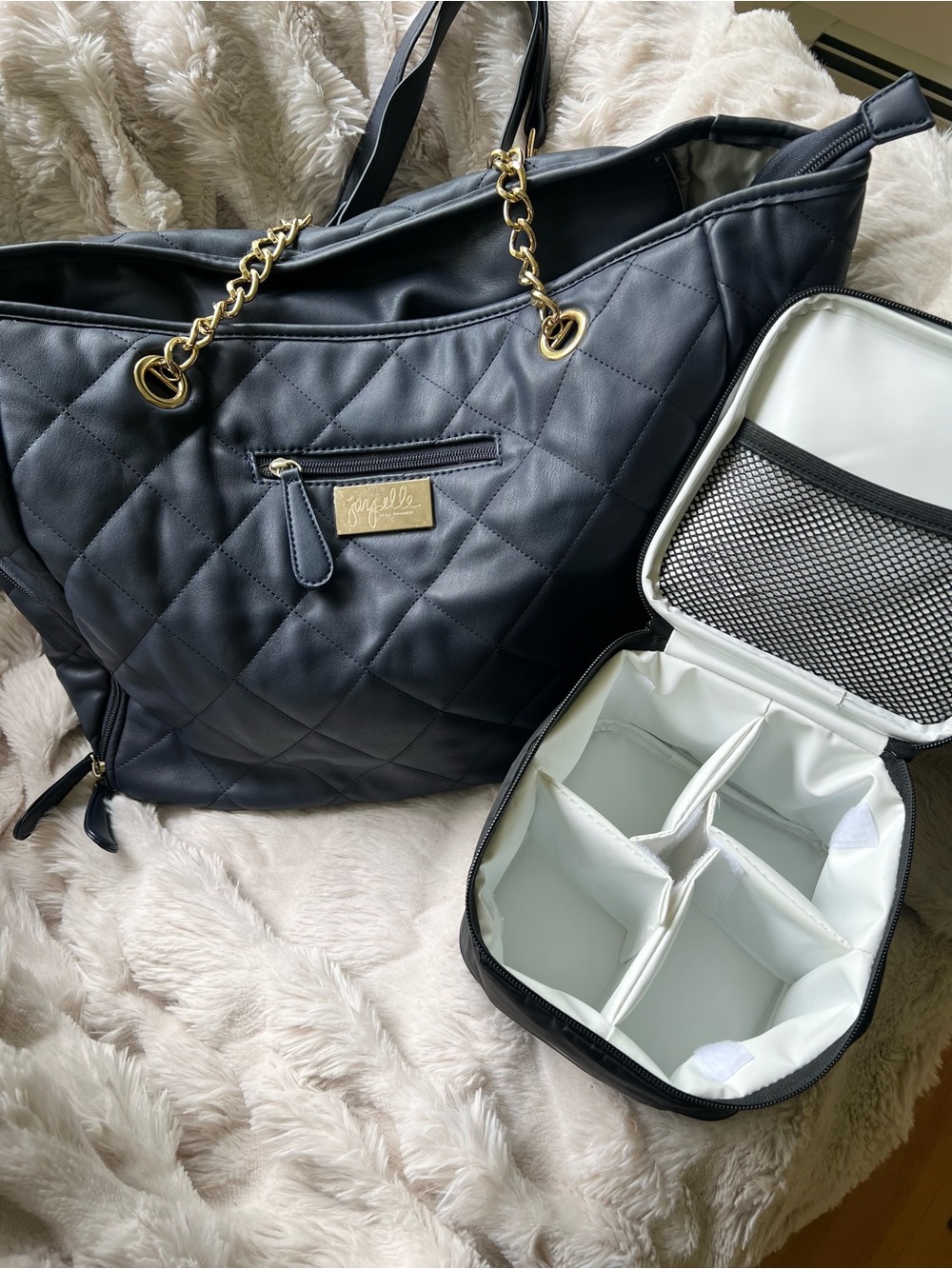 Jay Elle Duchess Quilted Navy Baby Breast Pump Bag w/ Gold Chain | 6-Piece Set